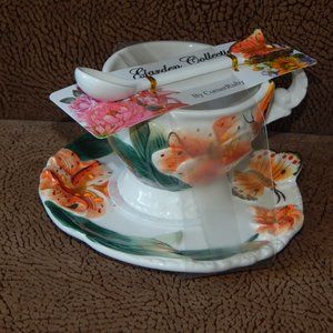 Corner Ruby White Tea Cup & Saucer w/ Orange Lily Flowers & Butterflies & Spoon